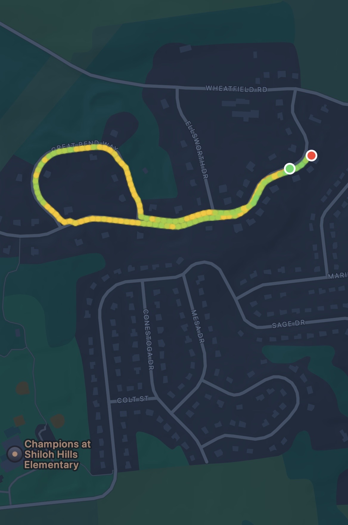 GPS route map showing the run path around Scotland Drive in Exeter, PA